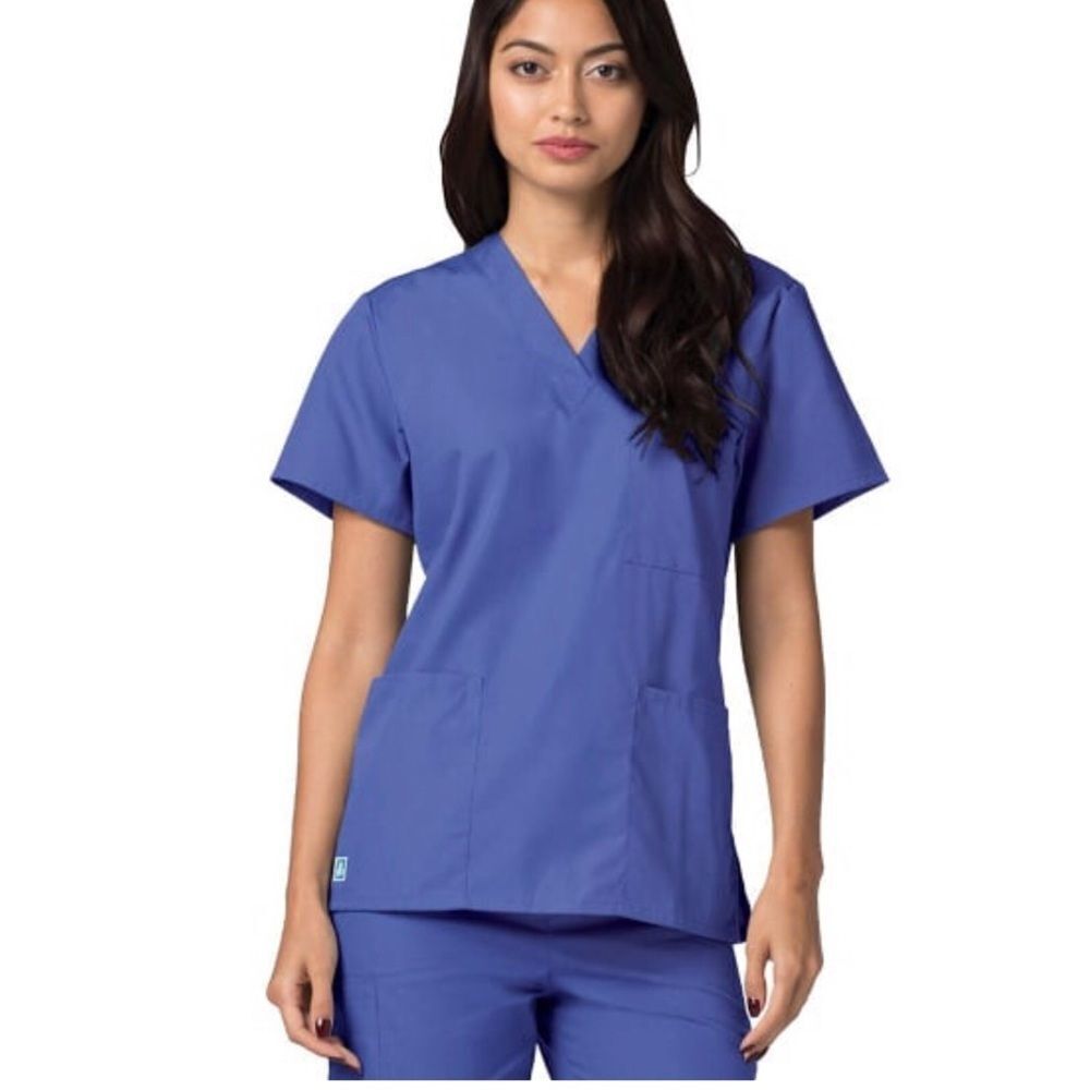Unisex V Neck 3 Pocket Solid Scrub Ceil Blue size XS